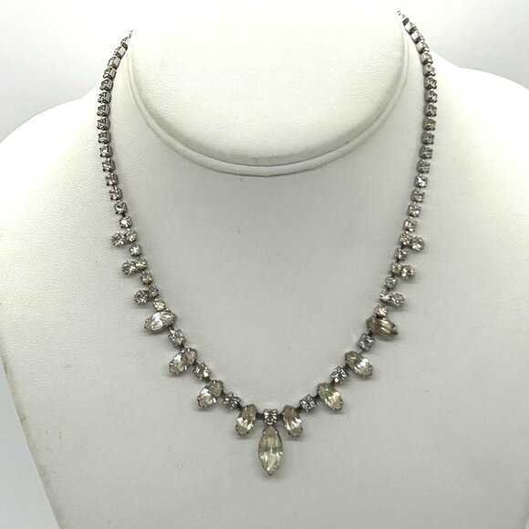 Vintage Weiss Rhinestone Necklace Clear Marquise & Round Stones Wedding Formal - Picture 10 of 11